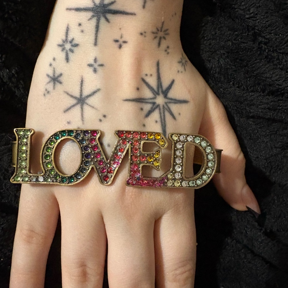 Gucci Gold Multicolor Crystal 'LOVED' Bracelet Cuff signed authentic. Listing B - Picture 4 of 9